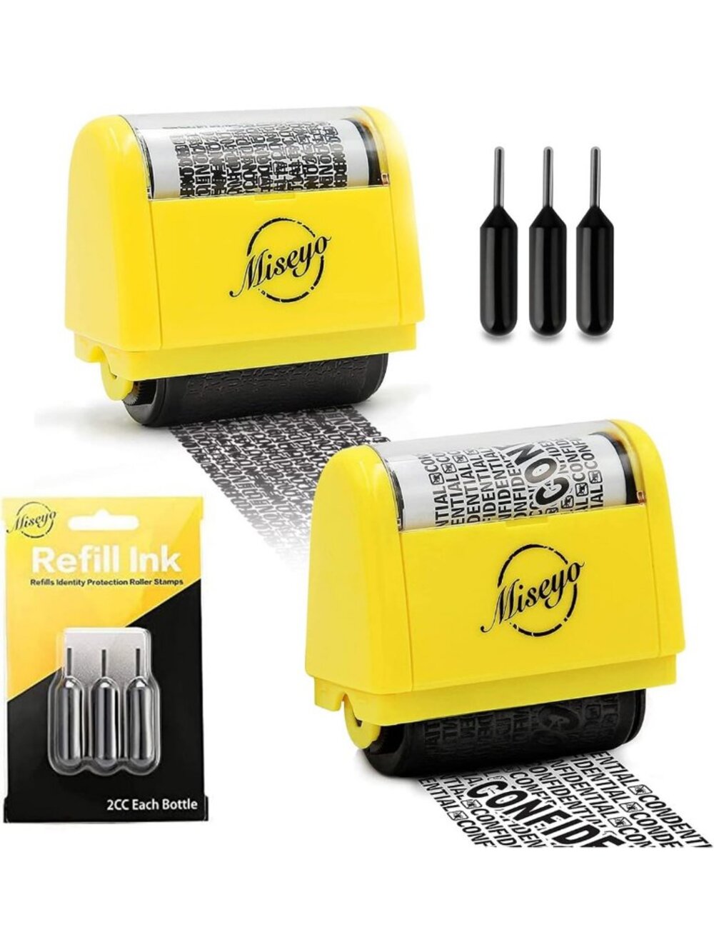 Identity Theft Protection Roller Stamp Set - 3 Pack with Refill Ink - Yellow